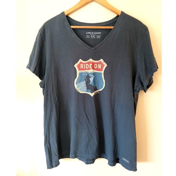 Life is Good Route Sign Ride On Blue V-neck Crusher Tee - Picture 1 of 5